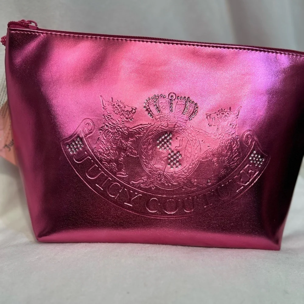 👑 🩷Juicy Couture  Pink Metallic Cosmetic Bag AND EMPTY TOILETRY BOTTLE 🩷NWT